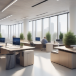 Escritório corporativo hiper-realista: workstation com múltiplos monitores ultrafinos, vidro ao fundo, engenheiro revisando arquitetura. Conceito: pipeline organizado.