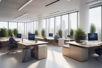 Escritório corporativo hiper-realista: workstation com múltiplos monitores ultrafinos, vidro ao fundo, engenheiro revisando arquitetura. Conceito: pipeline organizado.
