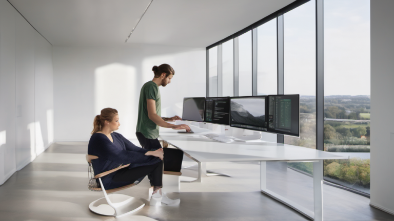 Dois engenheiros de software em escritório corporativo hiper-realista, sentados lado a lado em workstation com múltiplos monitores, programação em par com IA