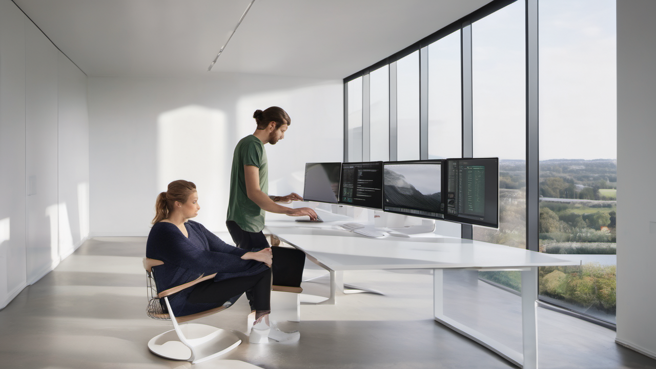 Dois engenheiros de software em escritório corporativo hiper-realista, sentados lado a lado em workstation com múltiplos monitores, programação em par com IA