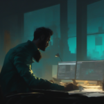 Capa cinematográfica: desenvolvedor frustrado com a cabeça apoiada na mão em frente ao monitor, livro Clean Code aberto na mesa, planta murcha, atmosfera noir em tons teal e âmbar.
