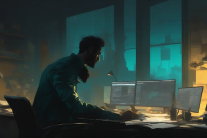 Capa cinematográfica: desenvolvedor frustrado com a cabeça apoiada na mão em frente ao monitor, livro Clean Code aberto na mesa, planta murcha, atmosfera noir em tons teal e âmbar.