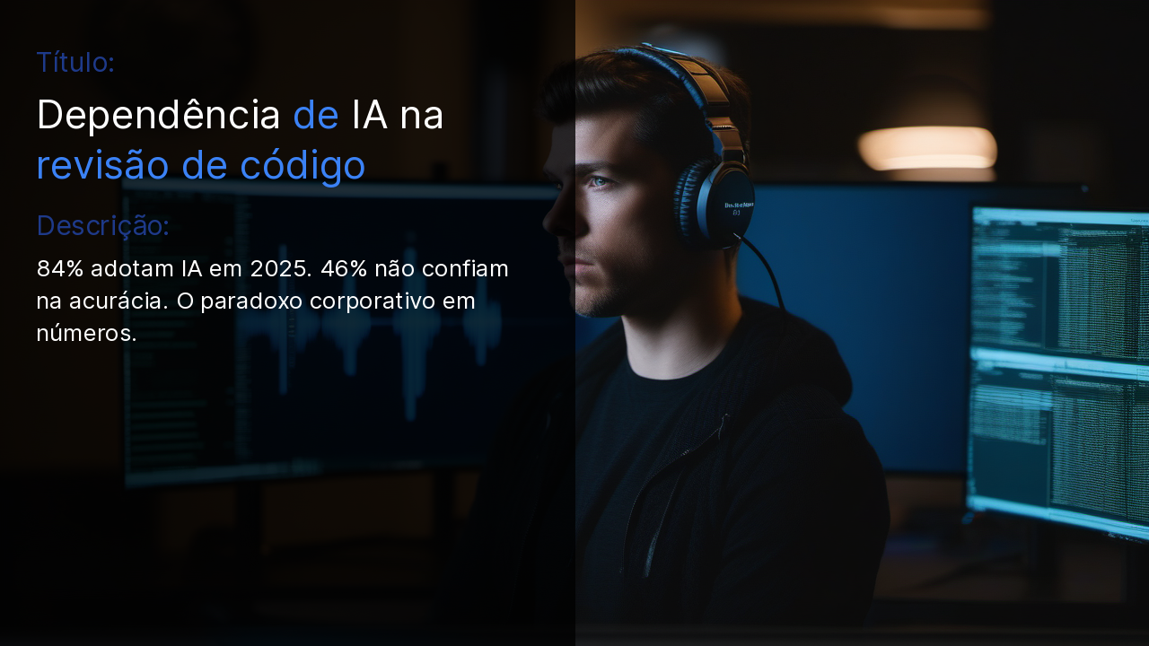 Engenheiro de software revisando pull request com sugestão de IA em múltiplos monitores, escritório corporativo hiper-realista
