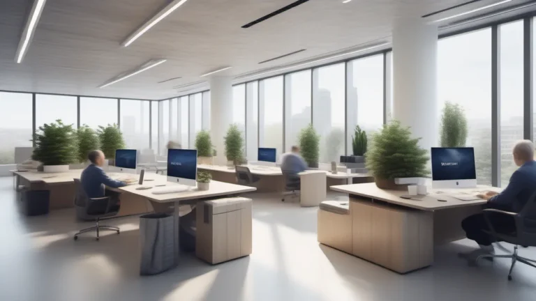 Escritório corporativo hiper-realista: workstation com múltiplos monitores ultrafinos, vidro ao fundo, engenheiro revisando arquitetura. Conceito: pipeline organizado.