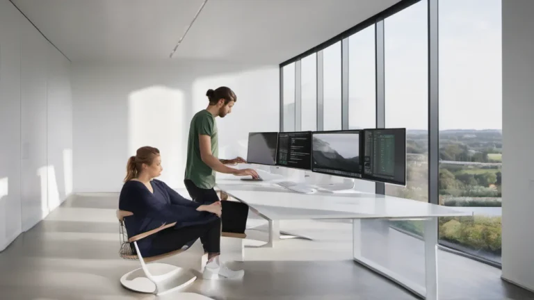 Dois engenheiros de software em escritório corporativo hiper-realista, sentados lado a lado em workstation com múltiplos monitores, programação em par com IA