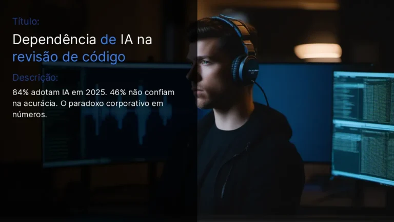Engenheiro de software revisando pull request com sugestão de IA em múltiplos monitores, escritório corporativo hiper-realista
