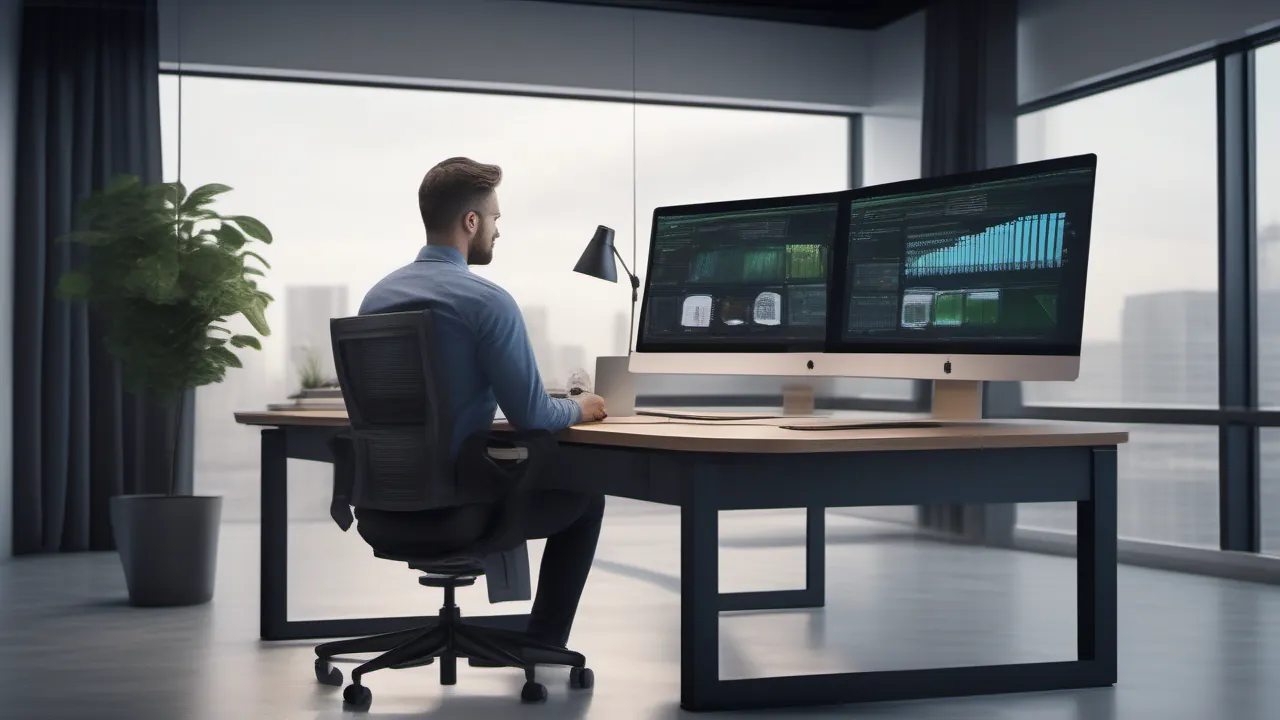 Senior engineer in 3/4 profile at dual-monitor workstation reviewing a pull request diff on the left screen and a test runner with red FAILED / green PASSED output on the right screen
