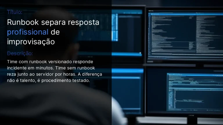 Dois engenheiros sérios olhando juntos para terminal exibindo logs JSON estruturados e procedimento de runbook em markdown