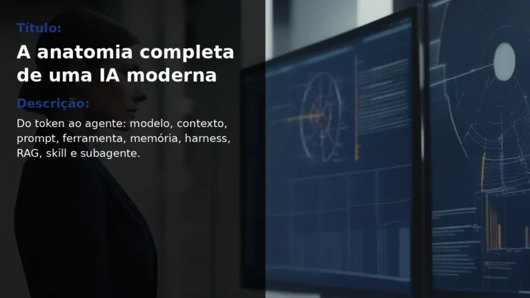 Engenheira de software em pé, em frente a monitor com blueprint de arquitetura de IA, com tipografia 'A anatomia completa de uma IA moderna' e palavra AGENTE em azul no painel esquerdo.