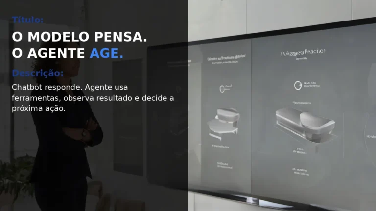 Capa editorial sobre agente de IA: profissional de tecnologia em pé, ferramentas e ciclo operacional.