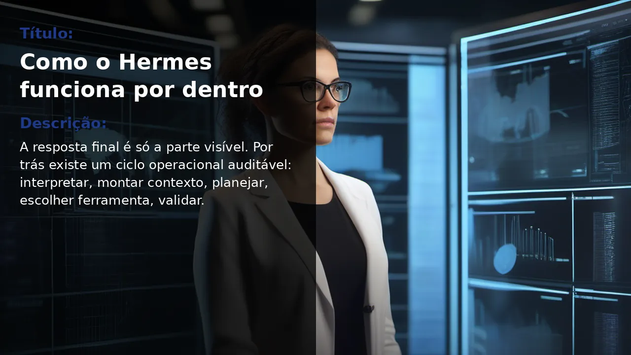Mulher profissional em pé analisando painéis de dados em centro de comando futurista, ilustrando o ciclo operacional interno do agente Hermes
