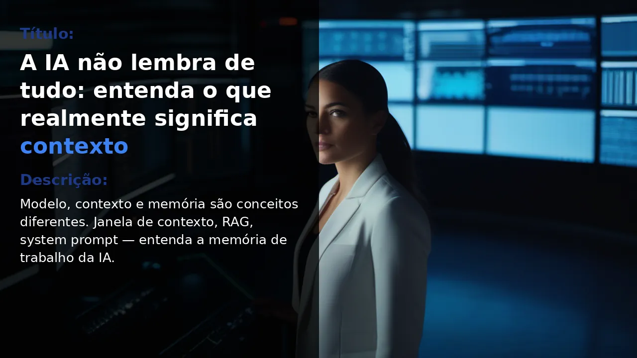 Mulher profissional tech em pe analisando dados em parede de monitores, painel preto com tipografia sobre contexto de IA