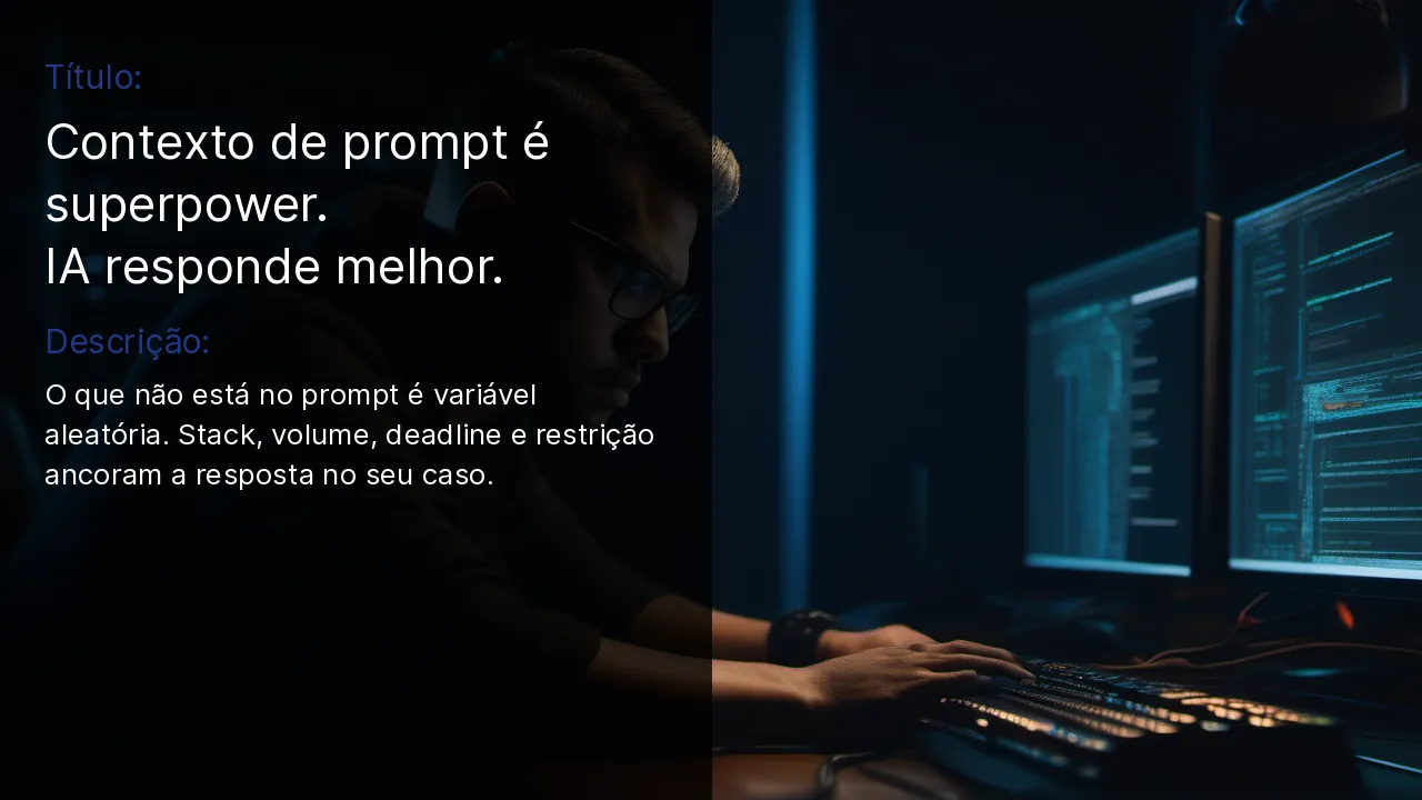 Programador trabalhando sério em editor de código, ambiente noturno dramático, painel preto à esquerda com tipografia do título do post