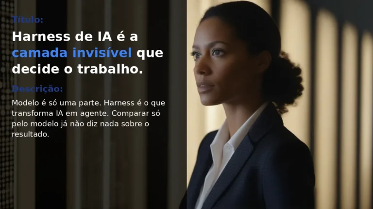 Mulher arquiteta de software em pé, perfil 3/4, em escritório tech com parede de circuito e LED, gesticulando para interface holográfica de arquitetura de IA — capa do post Harness de IA é a camada invisível que decide o trabalho.
