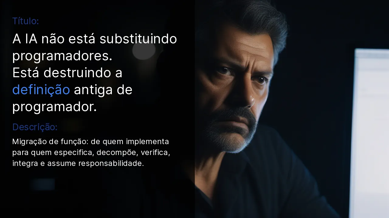 Programador sérior em close-up, painel preto semi-transparente com tipografia hierárquica em português
