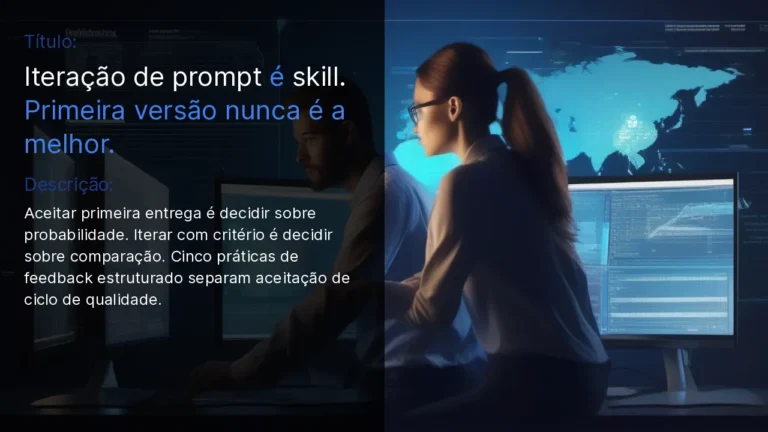 Dois engenheiros de software revisando código gerado por IA em monitor 4K, expressão séria, dashboard de produção ao fundo