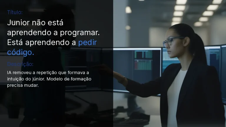 Programador sênior revisando código com júnior em pair programming, fundo de escritório tech, capa split-screen do post