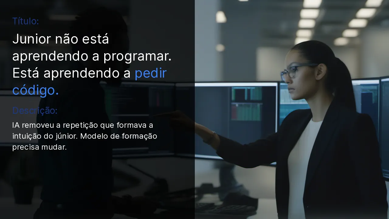 Programador sênior revisando código com júnior em pair programming, fundo de escritório tech, capa split-screen do post