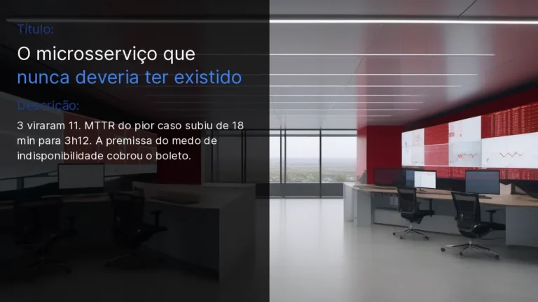 Dois engenheiros revisam diagrama de arquitetura de microsserviços com dependências em cascata em monitor wall-mounted
