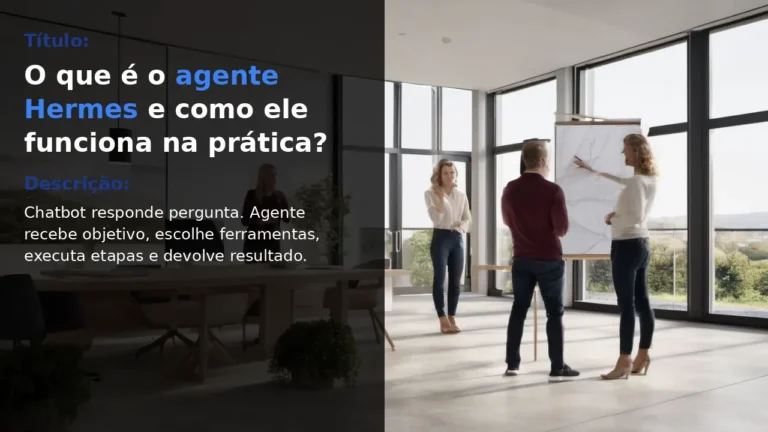 Time diverso com maioria de mulheres em pé em escritório moderno, com tipografia O que é o agente Hermes sobre painel preto