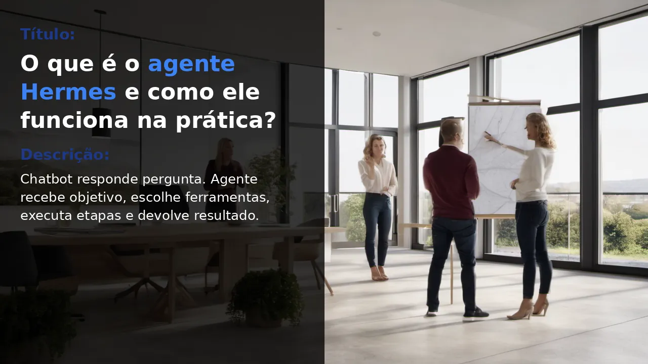 Time diverso com maioria de mulheres em pé em escritório moderno, com tipografia O que é o agente Hermes sobre painel preto