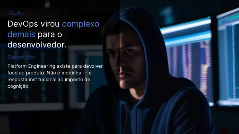 Programador sério em escritório dim olhando código Kubernetes no monitor — capa sobre Platform Engineering
