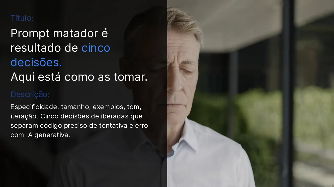 Engenheiro sério revisando prompt em monitor com código — cinco decisões deliberadas para prompt de IA