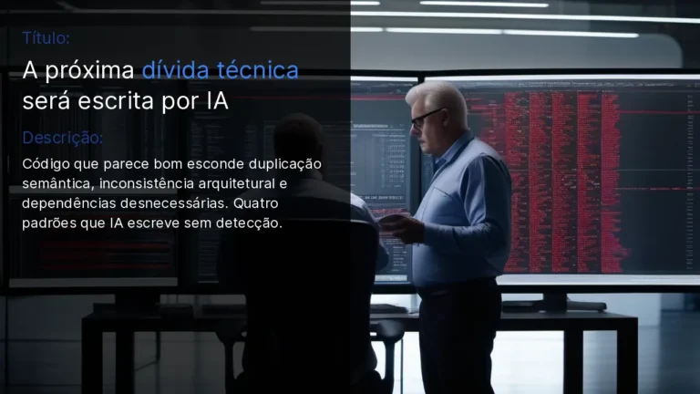 Capa do post sobre dívida técnica escrita por IA: dois engenheiros analisando código gerado por IA em monitores com tipografia hierárquica PT-BR no painel à esquerda