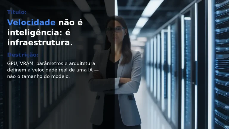 Profissional de tecnologia em pé, gesticulando em corredor de data center com racks de GPU ao fundo
