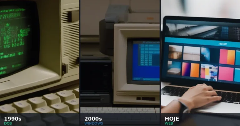 Tríptico mostrando a evolução do desenvolvimento de software: terminal DOS dos anos 1990, desktop Windows dos anos 2000 e desenvolvimento web atual