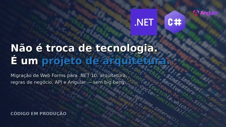 Codigo colorido com logos .NET, C# e Angular - migracao de Web Forms para .NET 10