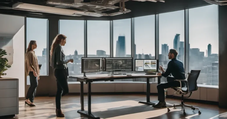 Duas desenvolvedoras em pé analisando em um monitor três interfaces lado a lado — terminal, janelas e web — capa sobre DOS, Windows e Web