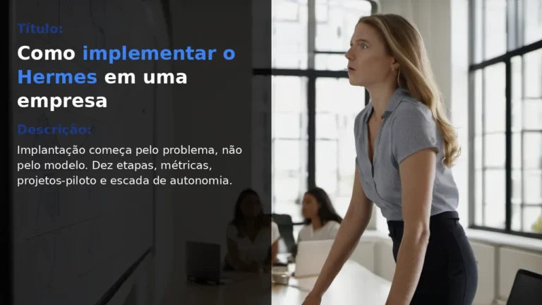 Mulher em pé em escritório corporativo, com painel escuro com tipografia Como implementar o Hermes em uma empresa