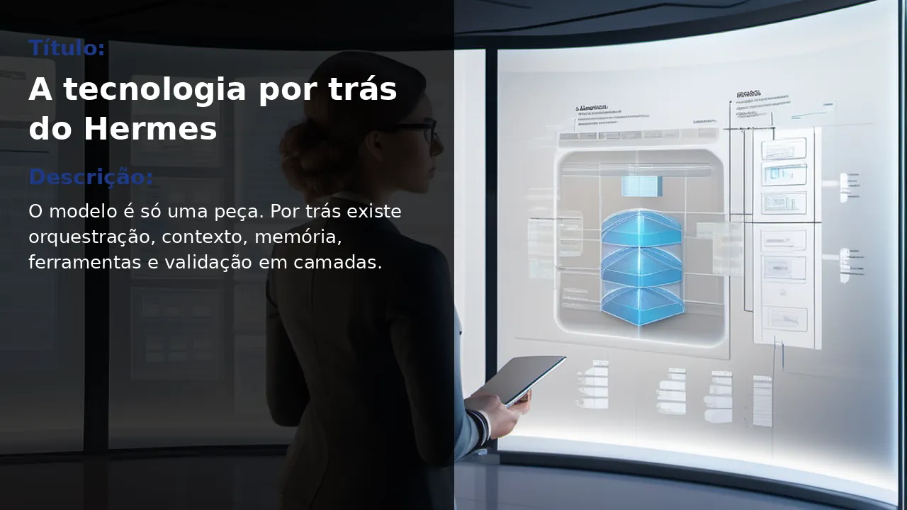 Mulher profissional em pé contemplando arquitetura de sistema em camadas em ambiente corporativo moderno