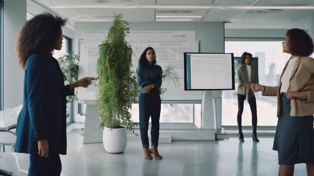 Quatro mulheres desenvolvedoras em pé discutindo migração de sistema no escritório — capa sobre vantagens do .NET 10 com Angular